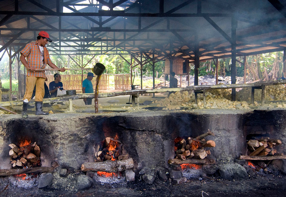 Handmade clay ovens and are being used to melt the sulphur chunks into liquid sulphur